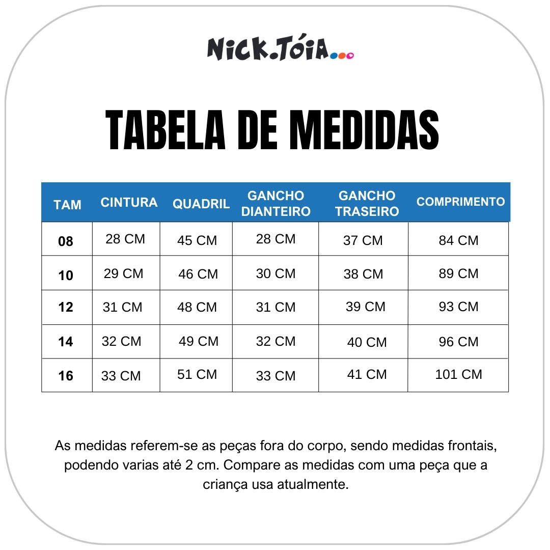 tabela de medida sarja cargo