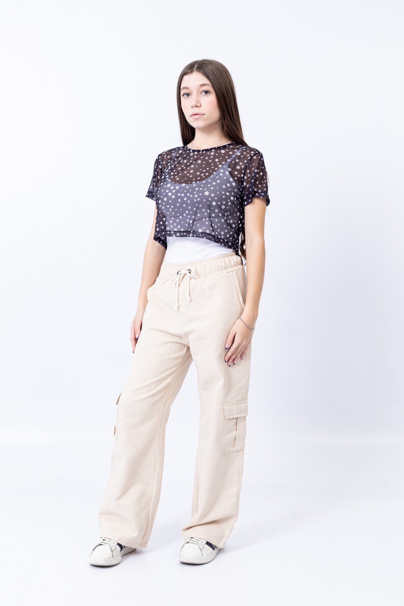 Calça Sarja Cargo Feminina Juvenil com Cordão e 6 Bolsos
