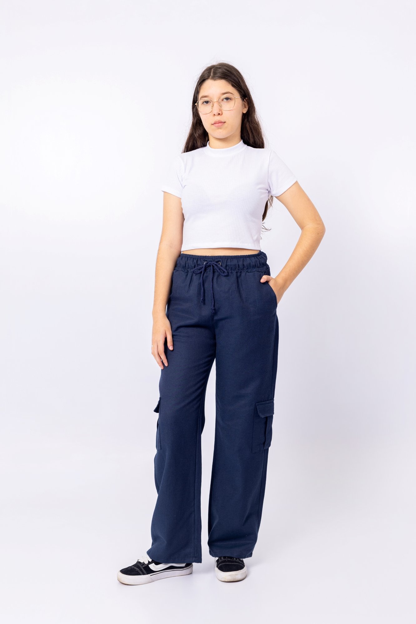 Calça Cargo Sarja Nicktoia Meninas Algodão 6 Bolsos Cintura Baixa